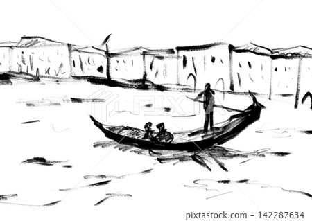Venice gondolas and cityscape, ink painting style sketch background Venice gondolas and cityscape, ink painting style sketch background 142287634