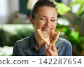 Close-up of Woman Biting into Pizza Slice 142287654