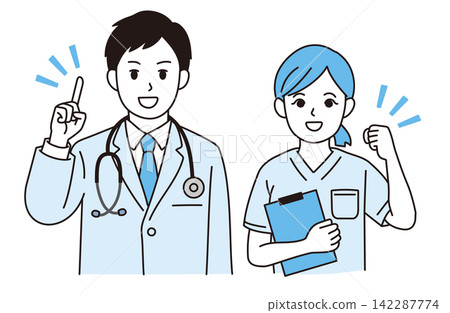 The doctor giving the explanation and the nurse making a triumphant gesture. The doctor giving the explanation and the nurse making a triumphant gesture. 142287774