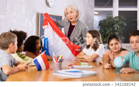 Friendly teacher tells pupils the history of the Netherlands Friendly teacher tells pupils the history of the Netherlands 142288142