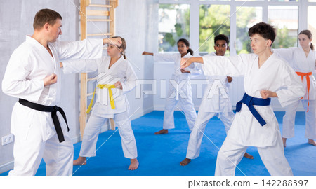 Group of children train karate techniques Group of children train karate techniques 142288397