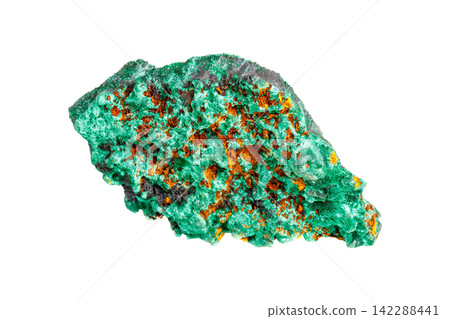 Green malachite crystal cluster showing rich mineral matrix patterns, raw geological specimen Green malachite crystal cluster showing rich mineral matrix patterns, raw geological specimen 142288441