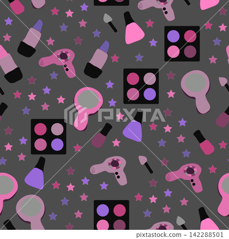Makeup cosmetics with stars seamless pattern. Nile polish, lipstick, mirror, compact powder vector illustration. 142288501