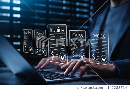 Digital invoice approval and online payment processing concept with verified billing documents, checkmark validation, e-invoice, financial records, accounting workflow, business transaction management Digital invoice approval and online payment processing concept with verified billing documents, checkmark validation, e-invoice, financial records, accounting workflow, business transaction management 142288714