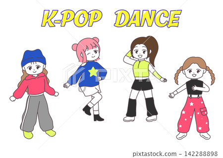 一組描繪時尚兒童跳K-POP舞蹈的可愛插圖。 一組描繪時尚兒童跳K-POP舞蹈的可愛插圖。 142288898