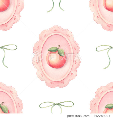 Seamless coquette pattern with peaches in pink lace frames and green bows. Hand-painted watercolor illustration isolated on white for textile, stationery, packaging, wallpaper, wrapping paper, decor Seamless coquette pattern with peaches in pink lace frames and green bows. Hand-painted watercolor illustration isolated on white for textile, stationery, packaging, wallpaper, wrapping paper, decor 142289024