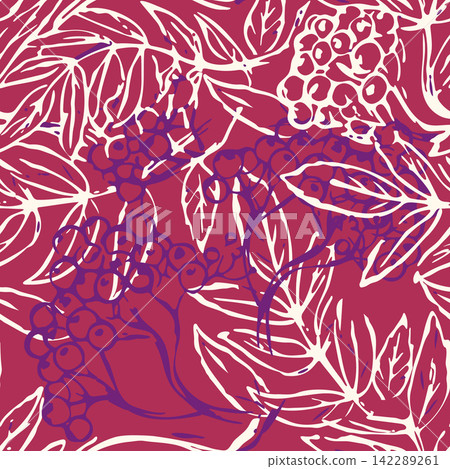 Seamless botanical pattern of hand-drawn Schinus molle peppertree berries and leaves with expressive brush strokes for textile, fabric, print. Seamless botanical pattern of hand-drawn Schinus molle peppertree berries and leaves with expressive brush strokes for textile, fabric, print. 142289261