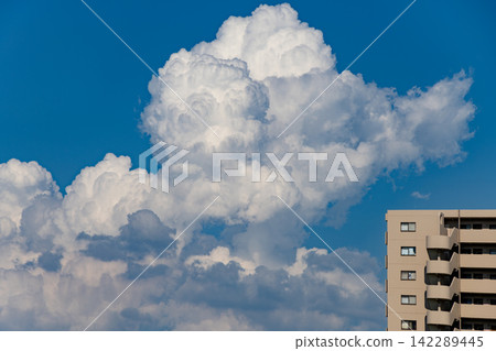 A huge cumulonimbus cloud rises in the summer sky over an apartment complex. A huge cumulonimbus cloud rises in the summer sky over an apartment complex. 142289445