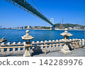 [Kitakyushu City, Fukuoka Prefecture] View of the Kanmon Bridge and Kanmon Strait from the grounds of Mekari Shrine 142289976