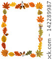 Autumn tall rectangle frame with oak, maple and acorn pair border framing empty copy space at center. Vector leaf garland in warm orange and yellow tones suits greeting cards, posters and invitations 142289987