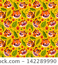 Asian seamless pattern with smiling tiger faces on red background. Drag to swatches panel to use 142289990