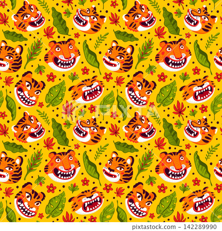 Asian seamless pattern with smiling tiger faces on red background. Drag to swatches panel to use Asian seamless pattern with smiling tiger faces on red background. Drag to swatches panel to use 142289990