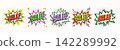 Set of comic sale starburst stickers with bold lettering, colorful burst shapes and halftone dots in retro pop art vector style. Bright sale star badges. Great for discount labels, promo banners. 142289992