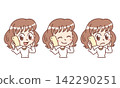 Illustrations of a female character making a phone call on her smartphone, with different facial expressions (call, consultation). 142290251