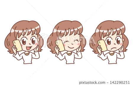 插圖描繪了一位女性角色用智慧型手機打電話,並伴隨著不同的面部表情(通話、諮詢)。 插圖描繪了一位女性角色用智慧型手機打電話,並伴隨著不同的面部表情(通話、諮詢)。 142290251