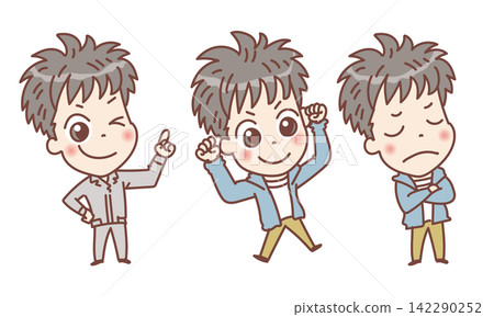 全身插圖,描繪了一名工人和一名身著休閒服的年輕人(面帶微笑,擺出握拳姿勢,以及神情憂慮)。 全身插圖,描繪了一名工人和一名身著休閒服的年輕人(面帶微笑,擺出握拳姿勢,以及神情憂慮)。 142290252