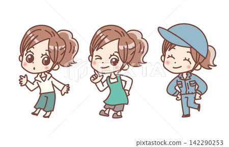 身著休閒服和圍裙的職業女性和年輕女性的全身插圖(微笑、引導、工作)。 身著休閒服和圍裙的職業女性和年輕女性的全身插圖(微笑、引導、工作)。 142290253