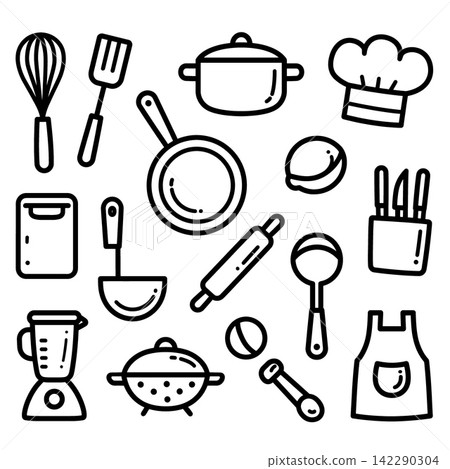 Cheerful kitchen utensil doodle collection showing cooking tools with joyful mood Cheerful kitchen utensil doodle collection showing cooking tools with joyful mood 142290304