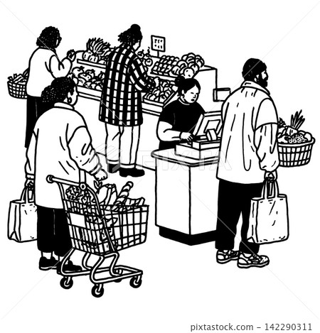 Customer shopping line queue cashier store focused patient Customer shopping line queue cashier store focused patient 142290311