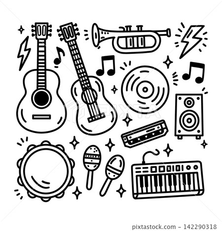 Hand drawn guitar instrument icon set showing happy joyful music line art Hand drawn guitar instrument icon set showing happy joyful music line art 142290318