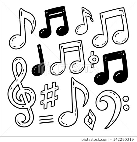 Hand drawn music note set creating happy melody illustration Hand drawn music note set creating happy melody illustration 142290319