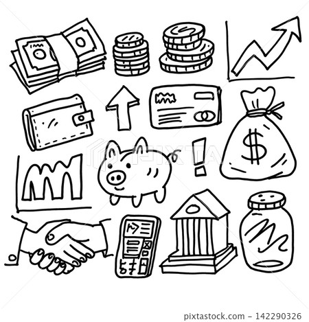 Happy money sketch set with piggy bank coin and chart doodle Happy money sketch set with piggy bank coin and chart doodle 142290326