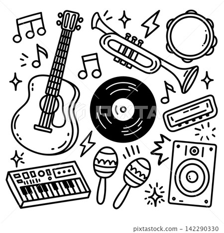 Joyful musical instrument doodle set including guitar, trumpet, and vinyl record Joyful musical instrument doodle set including guitar, trumpet, and vinyl record 142290330
