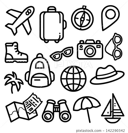 Travel icon set featuring airplane luggage compass camera map for joyful vacation concept Travel icon set featuring airplane luggage compass camera map for joyful vacation concept 142290342