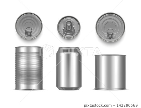 Realistic metallic cans set with ribbed tin food can, smooth aluminum beverage can and pull tab top views, silver 3D packaging vector mockup isolated collection 142290569