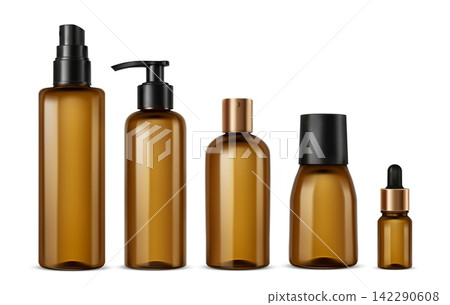 Realistic brown cosmetic glass bottle set with pump, spray and dropper containers, brown glass skincare packaging vector mockups for serum, lotion and oil 142290608