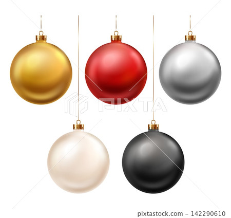 Christmas bauble vector set with realistic 3d hanging balls in gold, red, silver, ivory and black for winter holiday decor poster and card design Christmas bauble vector set with realistic 3d hanging balls in gold, red, silver, ivory and black for winter holiday decor poster and card design 142290610