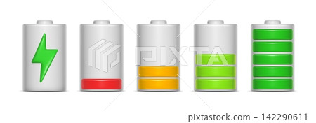 3d battery charge level vector icon set with low, medium and full power stages, green lightning symbol and realistic energy indicator for app UI design 3d battery charge level vector icon set with low, medium and full power stages, green lightning symbol and realistic energy indicator for app UI design 142290611