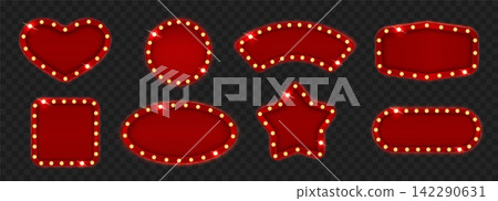 Illuminated red marquee casino, circus sign frames with glowing bulbs in heart circle star oval square and rounded rectangle isolated for retro cinema design. Vector realistic isolated set Illuminated red marquee casino, circus sign frames with glowing bulbs in heart circle star oval square and rounded rectangle isolated for retro cinema design. Vector realistic isolated set 142290631