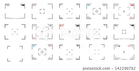 Camera Viewfinder HUD Overlays Set With Recording Indicators, Focus Frames and On Screen Display Elements. Camera Viewfinder HUD Overlays Set With Recording Indicators, Focus Frames and On Screen Display Elements. 142290782