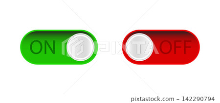 On and Off Toggle Switch Buttons UI Icons Green and Red Power Control Interface for Settings. On and Off Toggle Switch Buttons UI Icons Green and Red Power Control Interface for Settings. 142290794