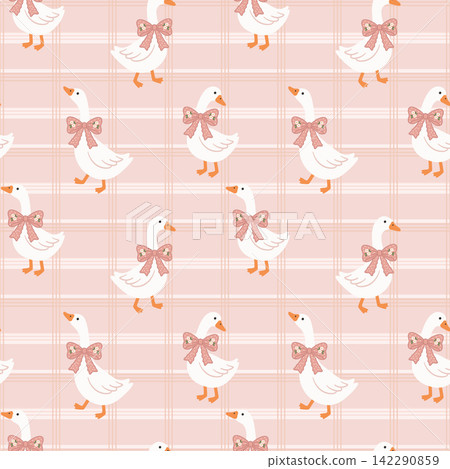 Playful white geese with soft pink bows on a blush gingham seamless pattern, whimsical spring artwork for Easter celebrations, cottage core fabric, gift wrap, stationery, apparel and home decoration 142290859