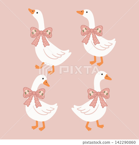 Playful white geese with soft pink bows on a blush gingham seamless pattern, whimsical spring artwork for Easter celebrations, cottage core fabric, gift wrap, stationery, apparel and home decoration Playful white geese with soft pink bows on a blush gingham seamless pattern, whimsical spring artwork for Easter celebrations, cottage core fabric, gift wrap, stationery, apparel and home decoration 142290860