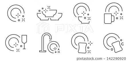Collection of illustrations of clean dishes, a stack of shiny plates, kitchen utensils, a pile of dishes, thin line symbol isolated on white background, editable stroke Collection of illustrations of clean dishes, a stack of shiny plates, kitchen utensils, a pile of dishes, thin line symbol isolated on white background, editable stroke 142290920