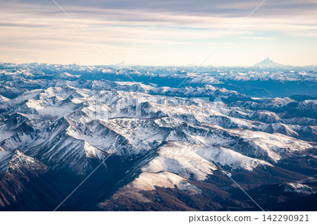 Snow-Covered Andes and Volcanoes, Argentine Patagonia, Aerial View at Dawn Snow-Covered Andes and Volcanoes, Argentine Patagonia, Aerial View at Dawn 142290921