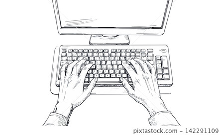 Hands typing on computer keyboard working 142291109