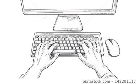 Hands typing on computer keyboard line drawing Hands typing on computer keyboard line drawing 142291113