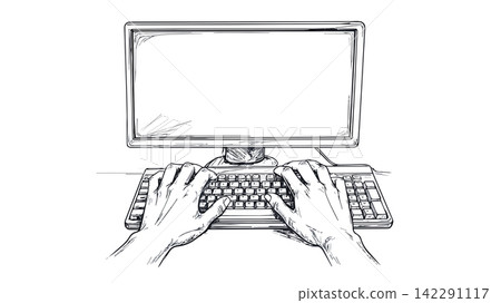 Person typing on computer keyboard working concept drawing Person typing on computer keyboard working concept drawing 142291117