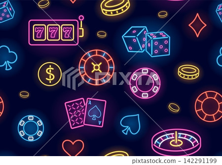 Casino neon glowing linear vector seamless pattern, Casino wheel roulette, poker chip, money, dice, cards gambling games Casino neon glowing linear vector seamless pattern, Casino wheel roulette, poker chip, money, dice, cards gambling games 142291199