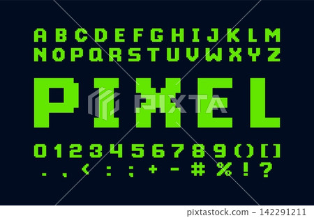 English alphabet green pixel art, vector font 8 bit uppercase letters, numbers and punctuation marks typographic symbols English alphabet green pixel art, vector font 8 bit uppercase letters, numbers and punctuation marks typographic symbols 142291211