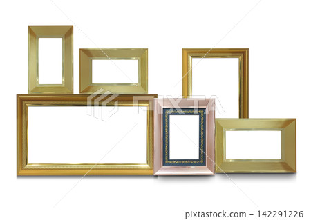 front view five gold picture frames in various sizes and one pink picture frame on white background, object, decor, fashion, ancient, copy space front view five gold picture frames in various sizes and one pink picture frame on white background, object, decor, fashion, ancient, copy space 142291226