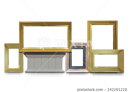 front view large gold picture frames resting on a brown wooden stand; the set includes three gold frames and one pink frame, on white background, object, decor, copy space front view large gold picture frames resting on a brown wooden stand; the set includes three gold frames and one pink frame, on white background, object, decor, copy space 142291228