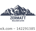 Zermatt, Switzerland, Pennine Alps, sticker with mountains and forest, vector 142291385
