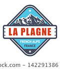 La Plagne resort, France, French Alps emblem with snow-covered mountains, vector 142291386