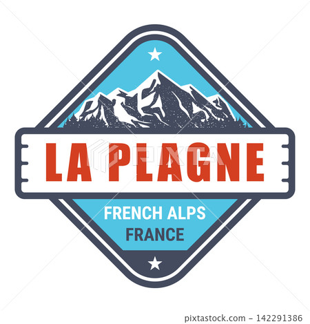 La Plagne resort, France, French Alps emblem with snow-covered mountains, vector La Plagne resort, France, French Alps emblem with snow-covered mountains, vector 142291386