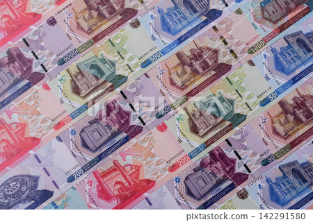 Uzbekistan, uzbek paper banknotes som for settlements and financial transactions. Uzbek som Uzbekistan, uzbek paper banknotes som for settlements and financial transactions. Uzbek som 142291580